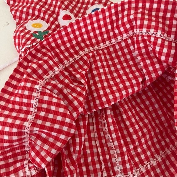 HANDMADE Girls Red White Check Dress Floral Appliqués Gingham Seersucker - Picture 5 of 6